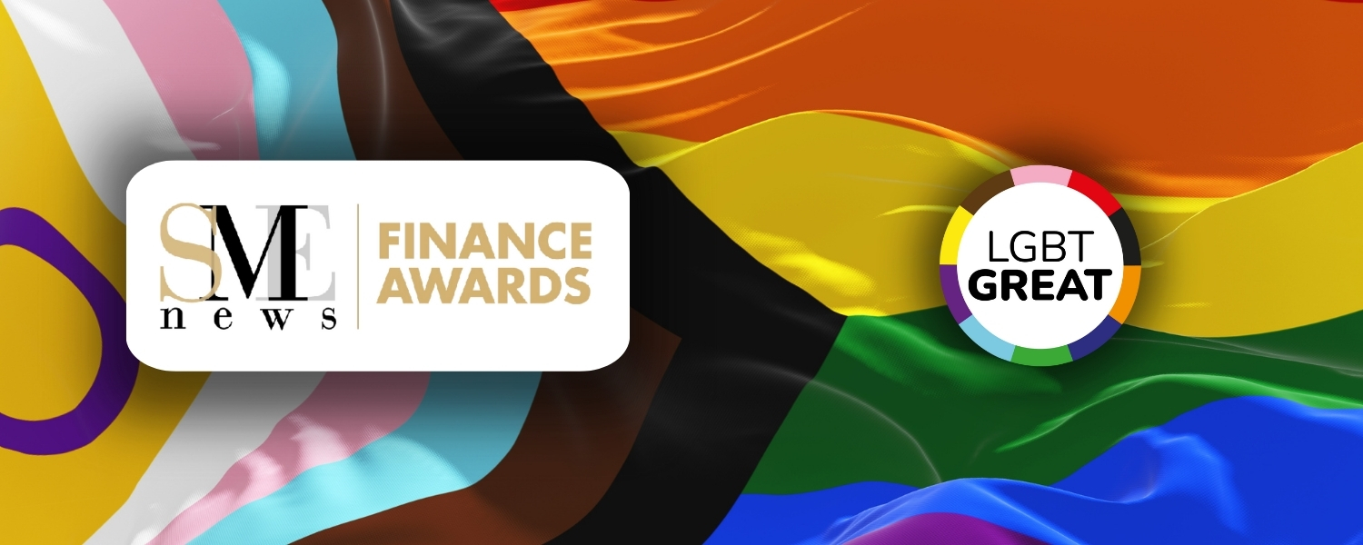 Progress Pride Flag with the SME Awards Logo and LGBT Great Logo Overlaid